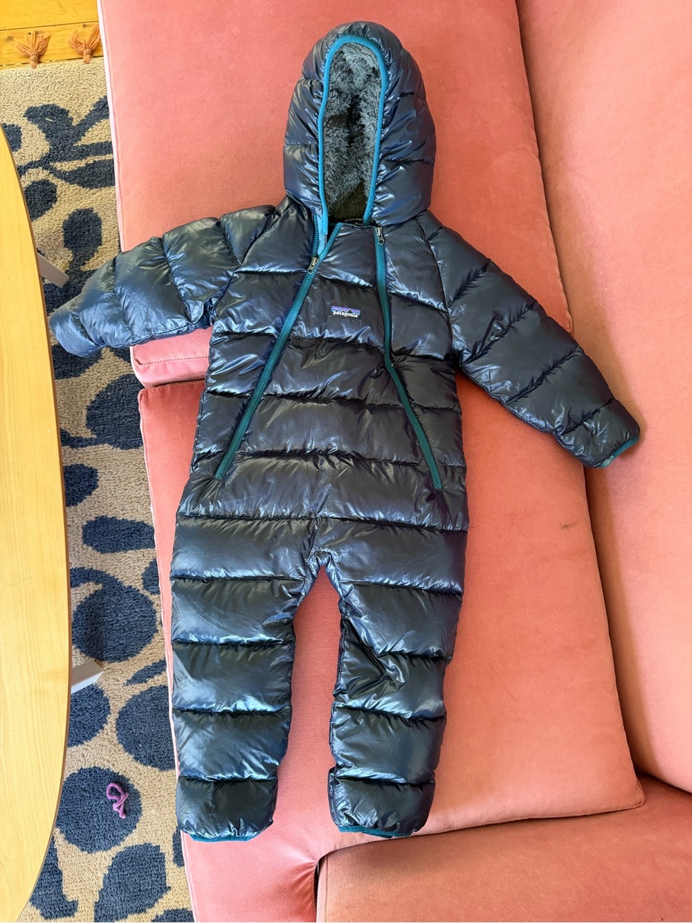 Patagonia Baby Down Bunting in Dark Teal with Blue Trim and Sherpa line